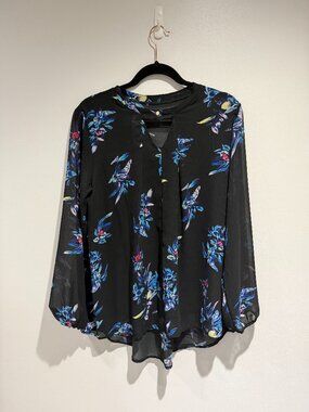 Black Floral Chiffon Blouse | Sheer Long Sleeve Keyhole Neck Top